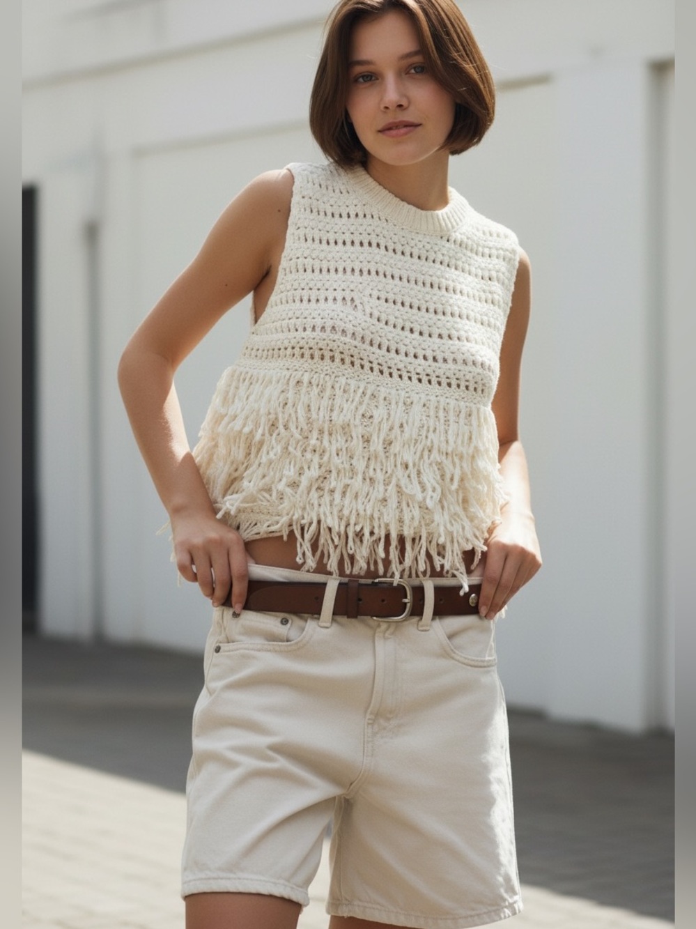 Zara Cream Knit Fringe Tank